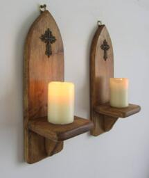 Pair Of Church/Gothic Style Wall Sconce Led Candle Holders With Antique Bronze Cross Crucifix Decoration , Various Sizes Available - thumbnail 1