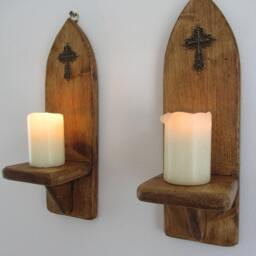 Pair Of Church/Gothic Style Wall Sconce Led Candle Holders With Antique Bronze Cross Crucifix Decoration , Various Sizes Available - thumbnail 2