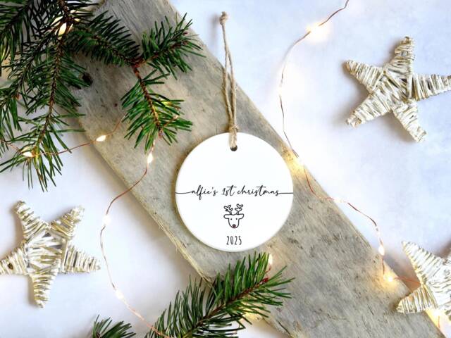 Baby's 1st Christmas Ornament - Personalised Name Bauble Gift For New Baby First Keepsake Reindeer Decoration - image 1