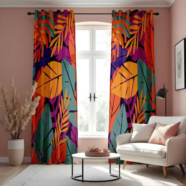 Bold Tropical Print Curtains, Abstract Colorful Leaves Drapes, Vibrant Purple, Orange & Green Windowtreatments, Boho Custom Curtain Panels - image 1