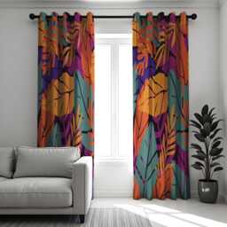 Bold Tropical Print Curtains, Abstract Colorful Leaves Drapes, Vibrant Purple, Orange & Green Windowtreatments, Boho Custom Curtain Panels - thumbnail 3