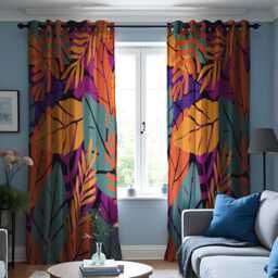 Bold Tropical Print Curtains, Abstract Colorful Leaves Drapes, Vibrant Purple, Orange & Green Windowtreatments, Boho Custom Curtain Panels - thumbnail 2