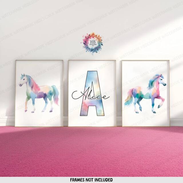 Personalised Horse Posters - Pastel Set Of 3 Prints - Pony Print Girl Bedroom Wall Art Kids Nursery Playroom Artwork Girls Horsey Gift - image 1