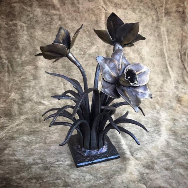 Hand Forged Iron Daffodils Sculpture, Bronze Patina Floral Art - image 1