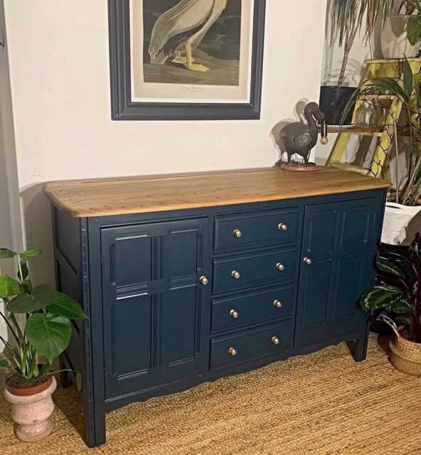Newly Refurbished Ercol Sideboard Elm Wood Blue Solid Mcm Drawers - image 1