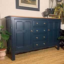 Newly Refurbished Ercol Sideboard Elm Wood Blue Solid Mcm Drawers - thumbnail 2