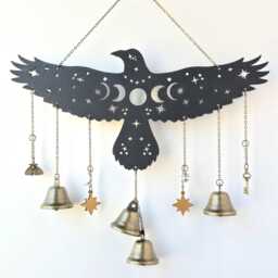 Raven Witch Bells- Wood Wall Decor Hanging -Wood Wall Art - Witchy Altar Bells Halloween Samhain - thumbnail 1