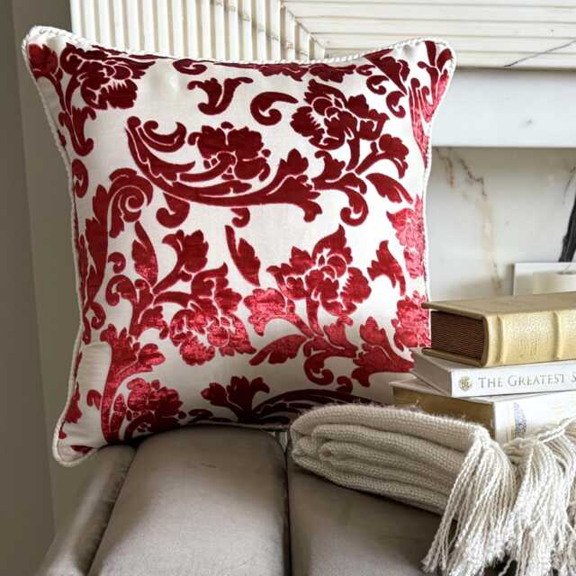 Cayenne Red Burnout Velvet, Nature & Floral Pattern, Contemporary Throw Pillow Cover/Euro Sham - Florals - image 1