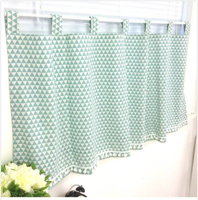 Cafe Curtain Window Valance/Living Room Treatment/Kitchen/Kids Nursery/Bathroom Shower CurtainGeometric Triangle Pom Poms, Free Gift - image 1