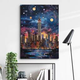 New York Starry Night Abstract Oil Painting Style Wall Art, Framed Canvas Poster Print, Home Kitchen Office Room Decor, Gifts - thumbnail 1