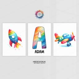 Personalised Kids Airplane Prints - Set Of 3 Posters - Colourful Boys Wall Art Room Nursery Custom Name Decor Girl Aviation Gifts - thumbnail 1