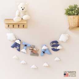 Baby Name Sign, Airplane & Clouds Nursery Decor, Felt Banner, Baby Shower Gift, Boy Wall Art - thumbnail 3
