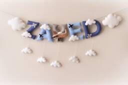 Baby Name Sign, Airplane & Clouds Nursery Decor, Felt Banner, Baby Shower Gift, Boy Wall Art - thumbnail 1