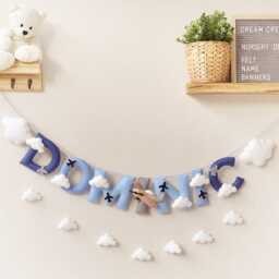 Baby Name Sign, Airplane & Clouds Nursery Decor, Felt Banner, Baby Shower Gift, Boy Wall Art - thumbnail 2