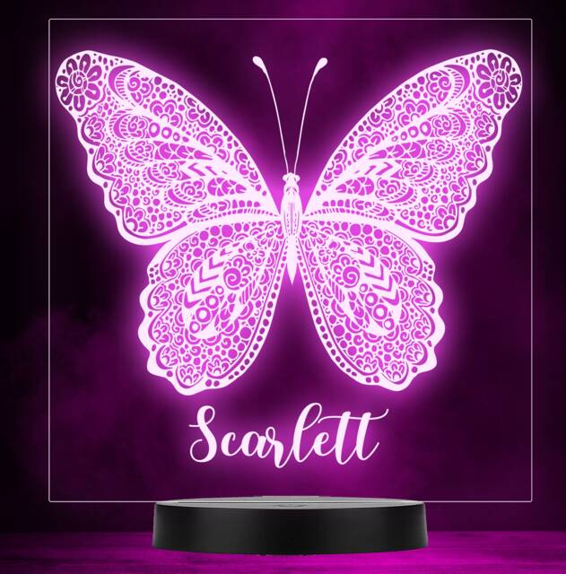 Girls Butterfly Square Name Personalised Gift Colour Change Led Lamp Night Light - image 1