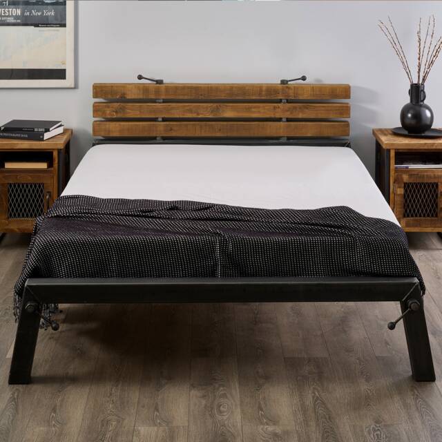 Heritage - Industrial Steel Framed Bed With Rustic Wood Headboard - image 1
