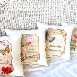 French-Themed Pillow Cover With French Perfume Label, Pink Roses & Green Butterfly - thumbnail 3