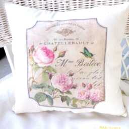 French-Themed Pillow Cover With French Perfume Label, Pink Roses & Green Butterfly - thumbnail 1