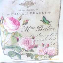 French-Themed Pillow Cover With French Perfume Label, Pink Roses & Green Butterfly - thumbnail 2