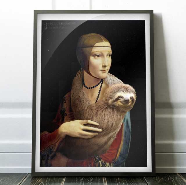 Lady With Sloth Art Print Da Vinci Canvas, Funny Home Decor - image 1