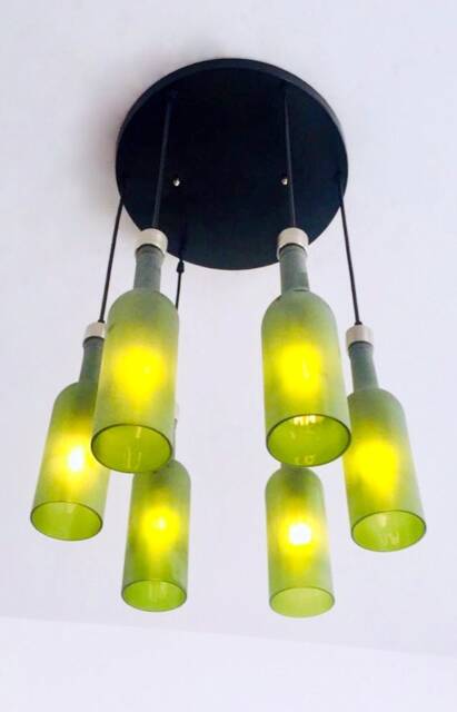 Frosted Green Wine Bottle Chandelier - Industrial Light Fixture Made From 6 Bottles For Home & Bar Lighting - image 1