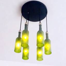 Frosted Green Wine Bottle Chandelier - Industrial Light Fixture Made From 6 Bottles For Home & Bar Lighting - thumbnail 2