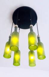 Frosted Green Wine Bottle Chandelier - Industrial Light Fixture Made From 6 Bottles For Home & Bar Lighting - thumbnail 1