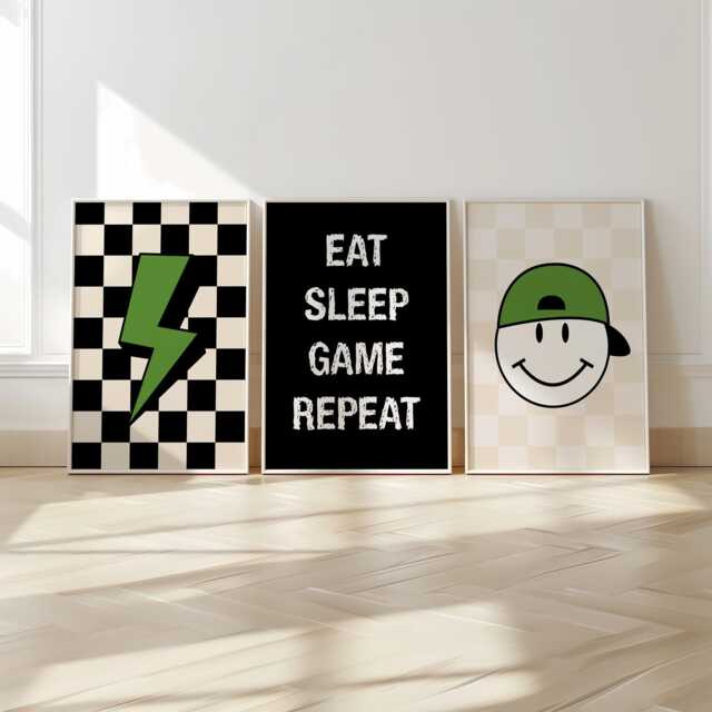 Gaming Prints, Boys Room Wall Art, Gaming Decor, Teen Video Game, Set Of 3 6, Cool Kids Print, Retro Style Checkerboard - image 1