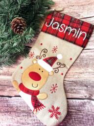 4 Designs Personalised Tartan & Hessian Christmas Stocking - Santa Snowman Eve - thumbnail 1