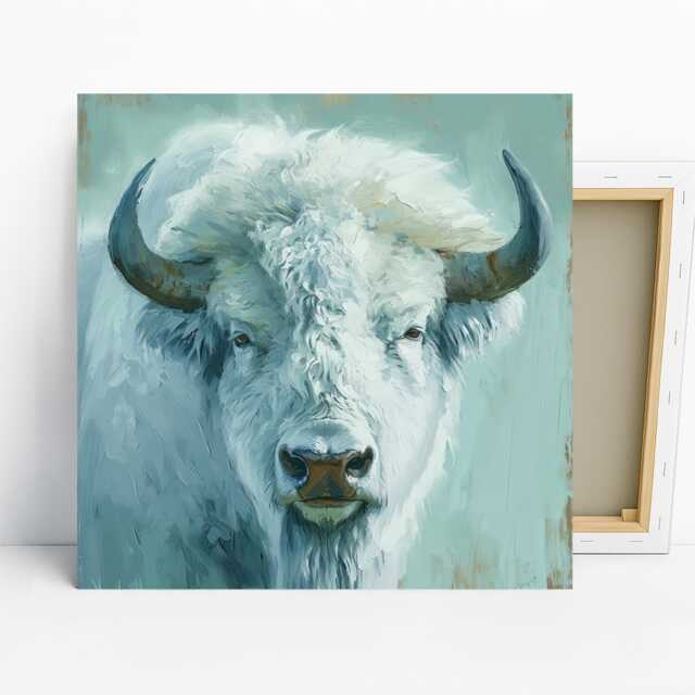 Bison Art, Canvas Or Poster, Abstract Animal Rustic Decor, Living Room Bedroom Office Entryway Wall Teal White Grey Brown - image 1