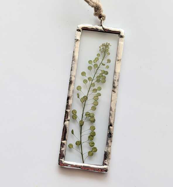 Green Lepidium Leaf Ornament, Christmas Tree Pressed Flowers Dried Flower Art, Soldered Glass Wall Art - image 1