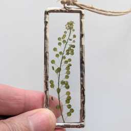 Green Lepidium Leaf Ornament, Christmas Tree Pressed Flowers Dried Flower Art, Soldered Glass Wall Art - thumbnail 2