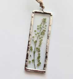 Green Lepidium Leaf Ornament, Christmas Tree Pressed Flowers Dried Flower Art, Soldered Glass Wall Art - thumbnail 1