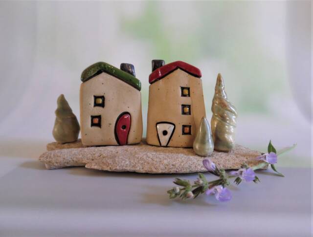 Home & Living Art Object, Ceramic Sculpture Of Two Clay Houses & Three Trees On A Mediterranean Beach Stone - image 1