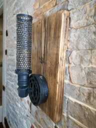 Rustic Industrial Wall Light/Sconce Mounted On Oak Waxed Reclaimed Handmade Wood Complete With Metal Light Fixture Bulb - thumbnail 1
