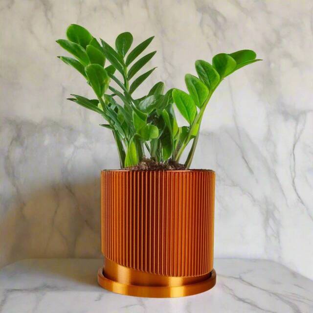 Modern 3D Printed Plant Pot For Plants With Drainage & Saucer - Wave Design Planter in Metallic Copper Bookshelf Decor, Multiple Sizes - image 1