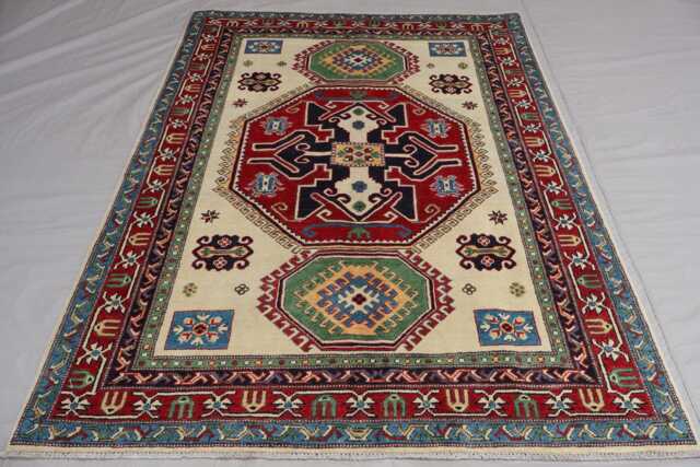 5x7 Kazak Area Rug, Beige Tribal Afghan Natural Dyes Hand Knotted Wool Rugs For Living Room, Bedroom Caucasian Design Oriental Rug - image 1