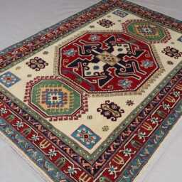 5x7 Kazak Area Rug, Beige Tribal Afghan Natural Dyes Hand Knotted Wool Rugs For Living Room, Bedroom Caucasian Design Oriental Rug - thumbnail 2