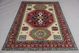 5x7 Kazak Area Rug, Beige Tribal Afghan Natural Dyes Hand Knotted Wool Rugs For Living Room, Bedroom Caucasian Design Oriental Rug - thumbnail 1