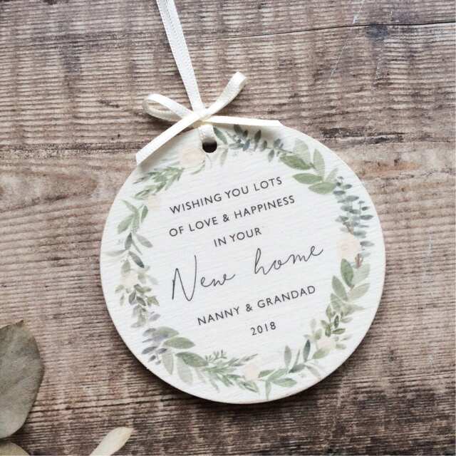 Personalised New Home Wooden Keepsake Decoration. First Line Of Address Round Congratulations in Your