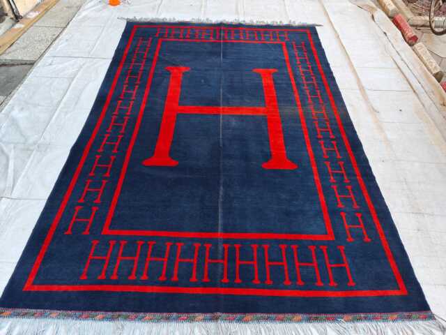 Navy Red 7x10 Afghan Handwoven Geometric Wool Rug, Living Room Carpet - image 1