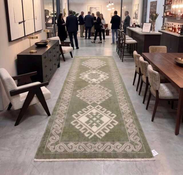 Hand Knotted Oushak Runner - Beige Geometric Wool Rug Hallway Kitchen 5x8 - image 1