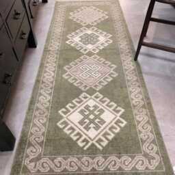 Hand Knotted Oushak Runner - Beige Geometric Wool Rug Hallway Kitchen 5x8 - thumbnail 2