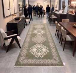 Hand Knotted Oushak Runner - Beige Geometric Wool Rug Hallway Kitchen 5x8 - thumbnail 1