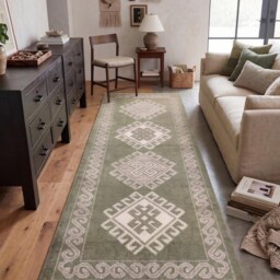 Hand Knotted Oushak Runner - Beige Geometric Wool Rug Hallway Kitchen 5x8 - thumbnail 3