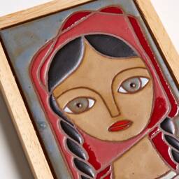 Folk Art Woman Portrait, Hand-Painted Ceramic Tile Wall Hanging - thumbnail 2