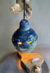 Bubble Glaze Ceramic Lamp Handmade Blue Green Accent Light