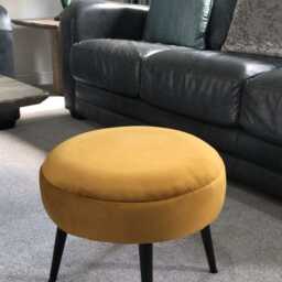 Mustard Velvet Footstool - Round Ottoman With Black Metal Legs - thumbnail 4