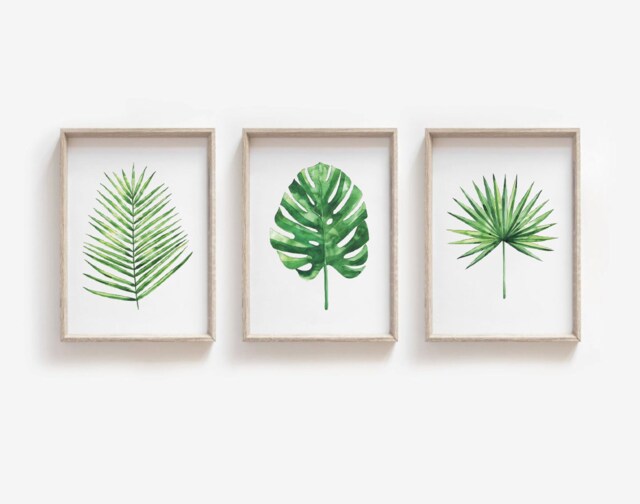Botanical Set Of 3 Prints - Kitchen Watercolour Monstera Leaf Tropical Palm Print Bathroom