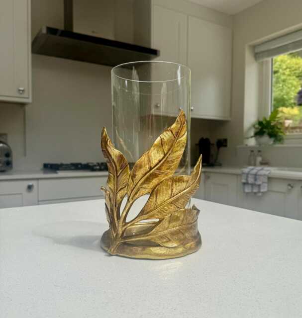 Gold Leaf Glass Hurricane Candle Holder - Ornate Base Lantern 26cm - image 1